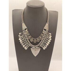 ETC Silver Tone Statement Necklace With Ornate Accents & Chain Detail